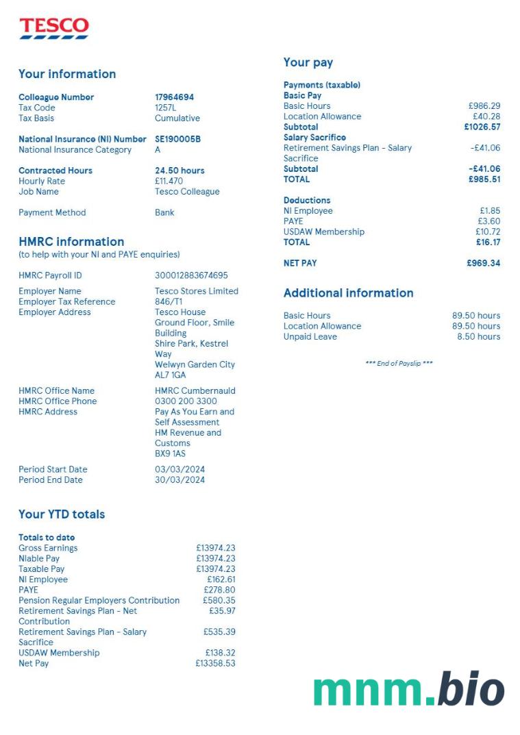 Wielka Brytania Tesco przechowuje szablon odcinka wypłaty w formatach Word i PDF, 2
